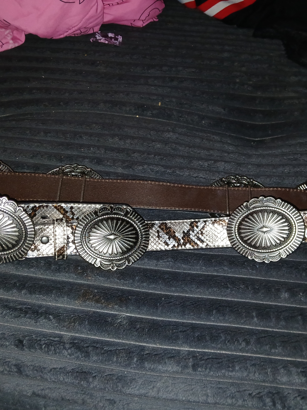 Western Concho Belt with Snakeskin Print and Silver-Tone Accents